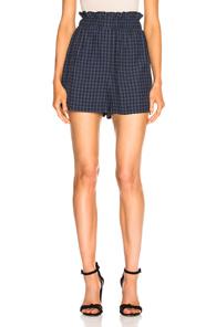 Tibi Viscose Gingham Pull On Shorts In Blue,checkered & Plaid