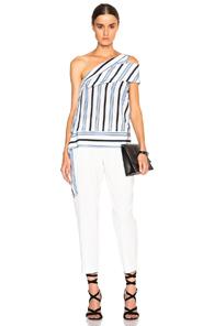 Msgm Striped One Shoulder Blouse In White,blue,stripes