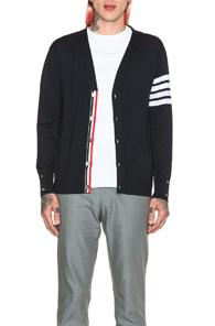 Thom Browne Wool Cardigan With Bar Stripe Sleeve In Blue