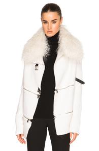 Barbara Bui Zip Cardigan With Mongolian Lamb Fur Collar In White