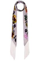 Rockins Flora Classic Skinny Fringe Scarf In White,floral