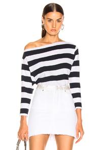 Enza Costa Exposed Shoulder Long Sleeve Tee In Blue,stripes,white