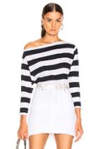 Enza Costa Exposed Shoulder Long Sleeve Tee In Blue,stripes,white