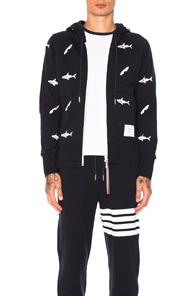 Thom Browne Shark & Surfboard Embroidery Zip Hoodie In Blue