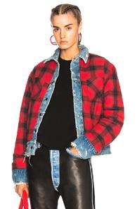 Amiri Reversible Trucker Flannel Jacket In Blue,checkered & Plaid,red
