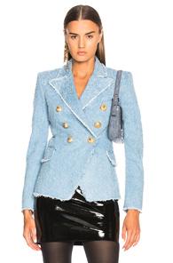 Balmain Tweed Double Breasted Blazer In Blue