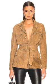 Saint Laurent Suede Belted Safari Jacket In Neutrals