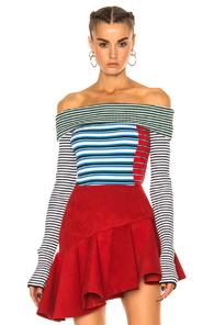 Msgm Off The Shoulder Sweater In Blue,green,red,stripes,white