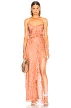 Michelle Mason Strappy Ruffle Gown In Geometric Print,pink