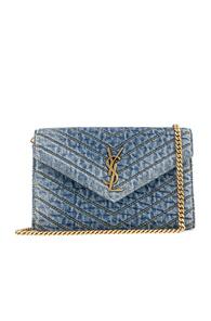 Saint Laurent Denim Chain Wallet In Blue
