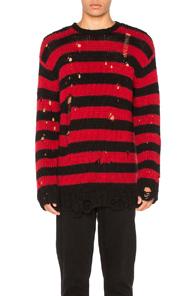 R13 Grunge Shredded Crewneck Sweater In Black,red,stripes