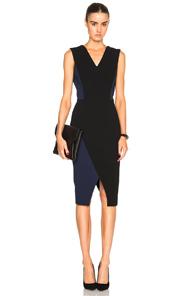Victoria Beckham Matte Crepe Deep V Fitted Dress In Blue