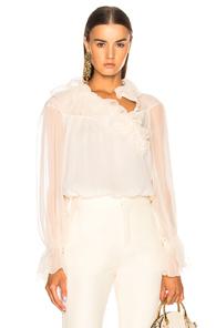 Chloe Silk Crepon Ruffle Trim Blouse In Neutrals,white