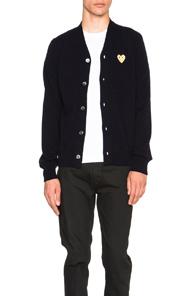 Comme Des Garcons Play Cardigan With Gold Emblem In Blue