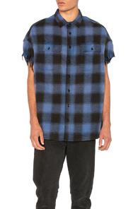 R13 Oversized Cut Off Shirt In Blue,checkered & Plaid