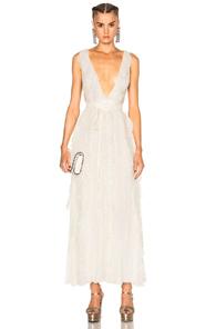 Valentino Glittery Flowers Chiffon Ruffle Gown In White