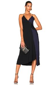 Victoria Beckham Satin Back Crepe Asymmetric V-neck Cami Flare Dress In Black,blue