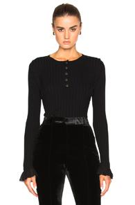 Oscar De La Renta Ruffle Detail Ribbed Henley Pullover In Black