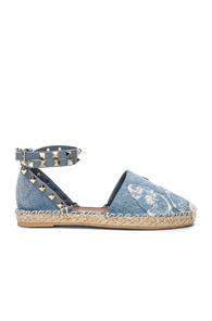Valentino Embroidered Butterfly Denim Espadrilles In Blue