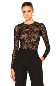 Fleur Du Mal Chat Noir Long Sleeve Lace Bodysuit In Black