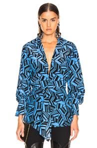Chloe Printed Open Collar Top In Abstract,black,blue