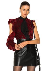 Self-portrait Devore Frill Top In Black,geometric Print,red