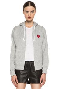 Comme Des Garcons Play Zip Up Cotton Hoodie With Red Emblem In Gray