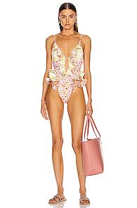Zimmermann Goldie Waterfall Swimsuit In Spliced In Green,floral,pink,white