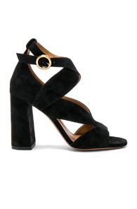 Chloe Suede Graphic Leaves Sandals In Black