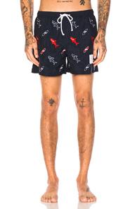 Thom Browne Shark & Surfboard Embroidery Swim Trunks In Animal Print,blue
