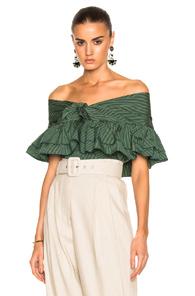 Isa Arfen Ruffle Knot Top With Short Sleeves In Green,stripes