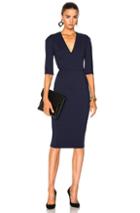 Victoria Beckham Microbrush Cotton Mid Sleeve V Neck Fitted Dress In Blue