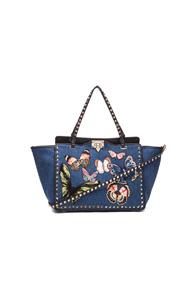 Valentino Butterflies Rockstud Medium Tote In Blue,animal Print