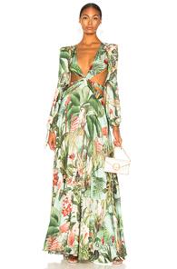Patbo Beaded Paradise Print Cutout Gown In Blue,green,tropical