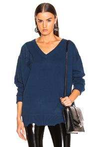 Helmut Lang Distressed Wide V Neck Sweater In Blue