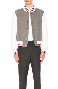 Thom Browne Button Front Varsity Jacket In Gray