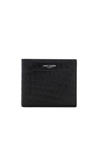 Saint Laurent Matte Croc Billfold Wallet In Black,animal Print