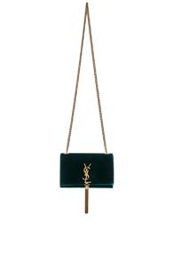 Saint Laurent Small Velvet Monogramme Kate Tassel Chain Bag In Green