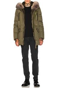 Yves Salomon Hooded Parka With Green Rabbit And Blue Frost Fox Fur In Green