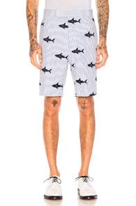 Thom Browne Shark Embroidery Shorts In Blue,sripes,animal Print