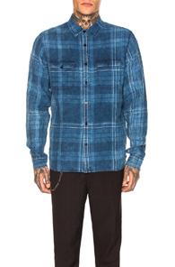 Frame Long Sleeve Double Pocket In Blue,denim Medium,plaid