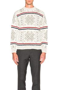 Thom Browne Norwegian Fair Isle Crew Neck Sweater In White,stripes,abstract