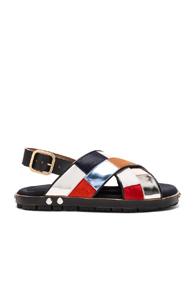 Marni Calf Hair & Leather Patchwork Sandals In Metallics,neutrals,blue