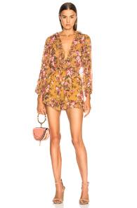 Zimmermann Golden Ruffle Playsuit In Floral,yellow,neutrals
