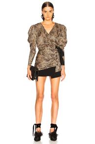 Alessandra Rich Silk Jacquard Leopard Wrap Blouse In Animal Print,brown,neutral