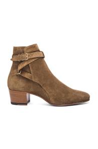 Saint Laurent Suede Blake Buckle Boots In Brown