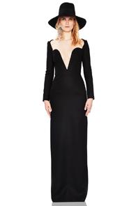 Saint Laurent Wool Plunging Long Sleeve Gown In Black