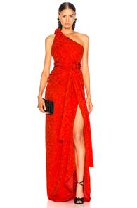 Brandon Maxwell Satin Jacquard One Shoulder Twist Front Gown In Red