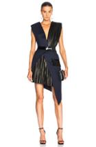 Mugler Wool Twill & Patent Leather Belted Wrap Dress In Blue