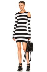 Amiri One Shoulder Long Sleeve Rib Dress In Black,stripes,white